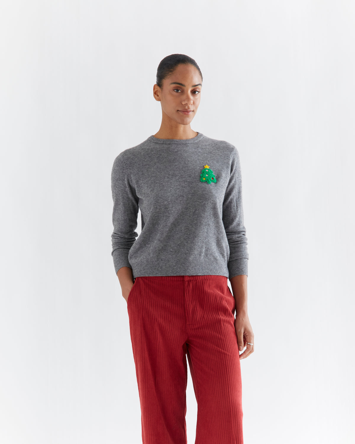 Grey Fine Knit Jumper with Christmas Tree Detail