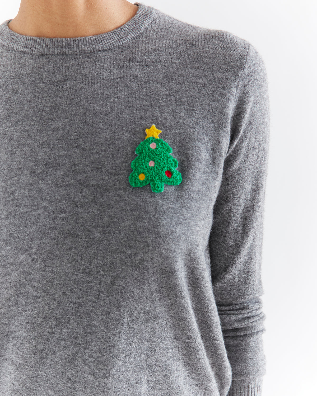 Grey Fine Knit Jumper with Christmas Tree Detail