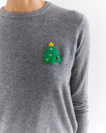 Grey Fine Knit Jumper with Christmas Tree Detail