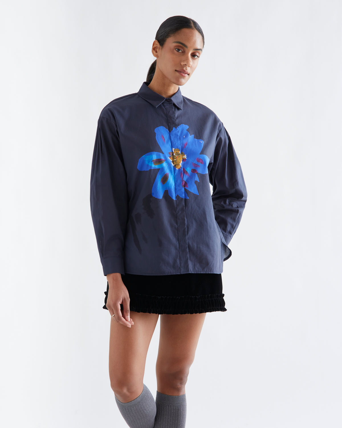 Navy Cotton Shirt with Big Blue Flower Print