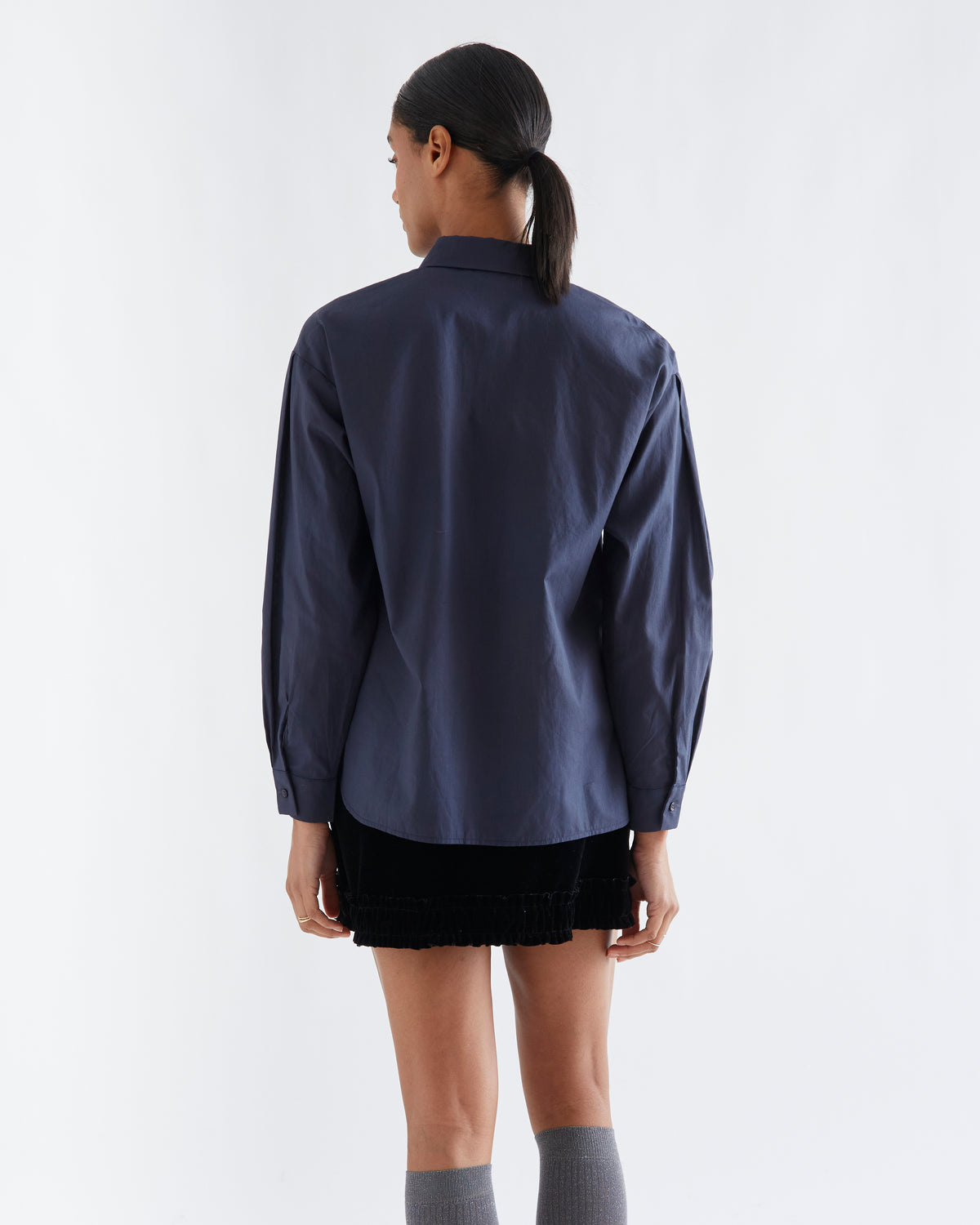 Navy Cotton Shirt with Big Blue Flower Print