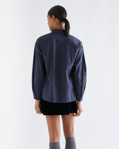 Navy Cotton Shirt with Big Blue Flower Print