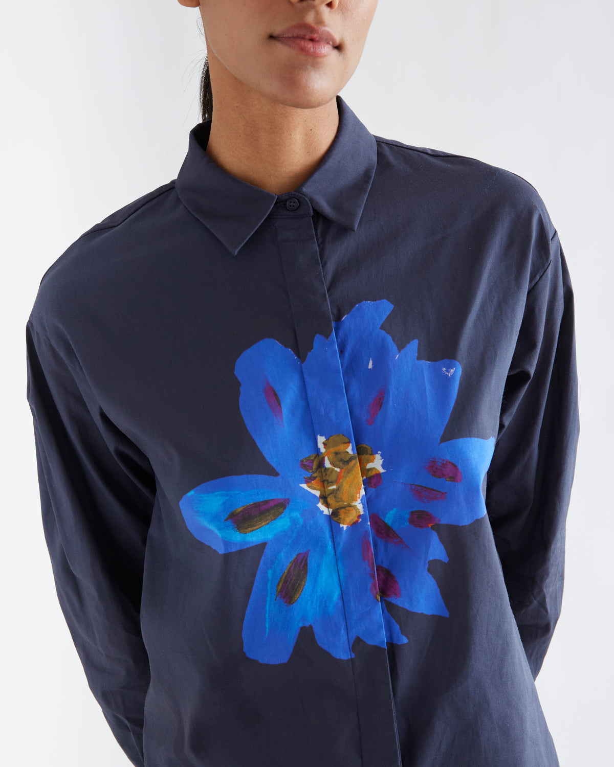 Navy Cotton Shirt with Big Blue Flower Print