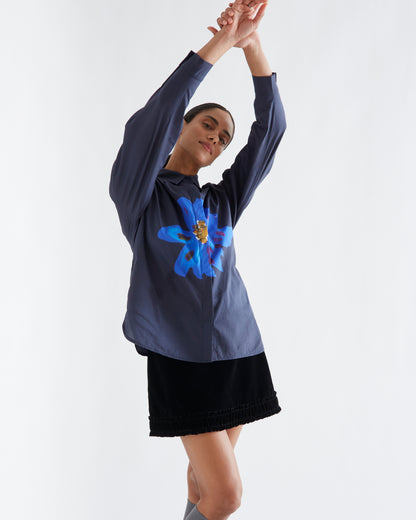 Navy Cotton Shirt with Big Blue Flower Print