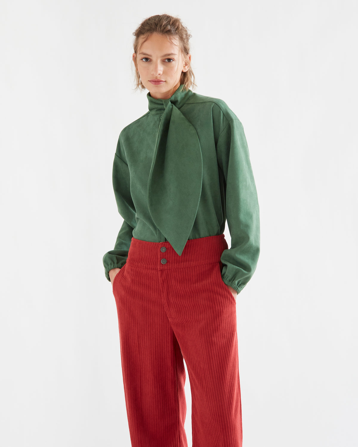 Green Suede Shirt with Maxi Bow