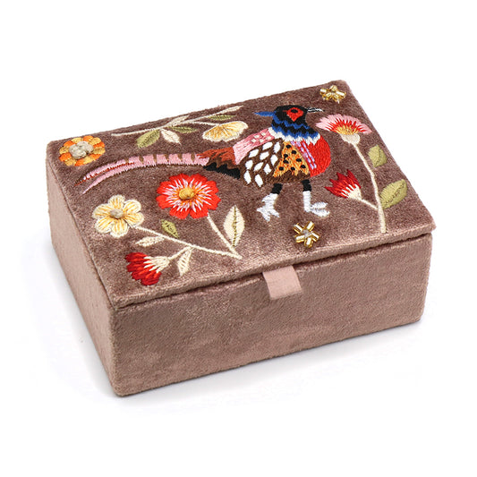 Fawn Embroidered Pheasant Velvet Jewellery Box