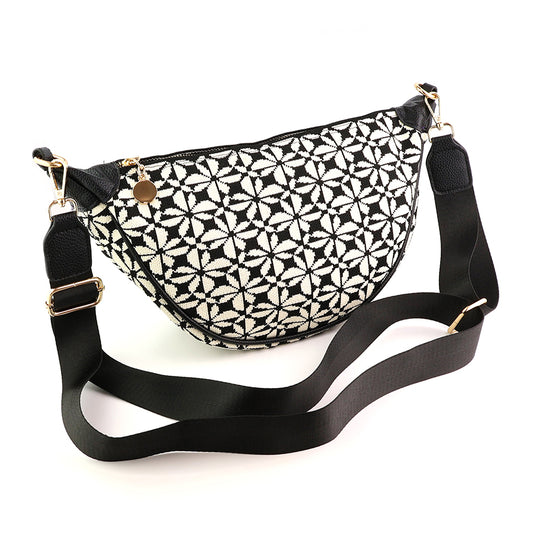 Black and White Tile Print Half Moon Bag