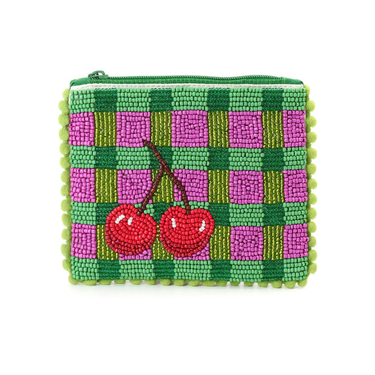Checked Cherries Beaded Holiday Purse