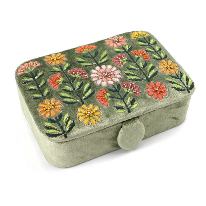 Green Velvet Dahlias Embroidered Rectangle Jewellery Box