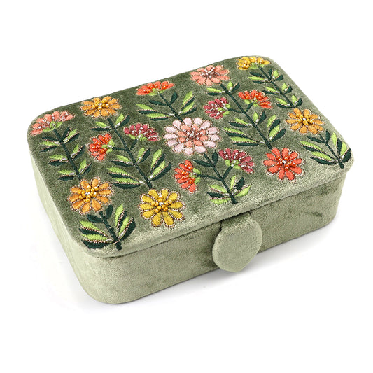 Green Velvet Dahlias Embroidered Rectangle Jewellery Box