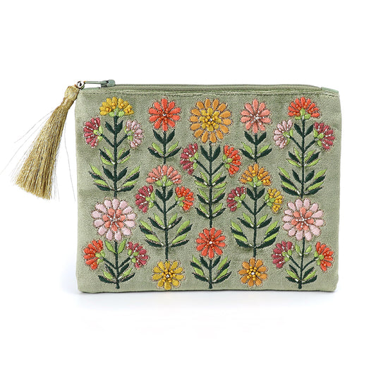 Green Velvet Dahlias Embroidered Zip Purse/Pouch