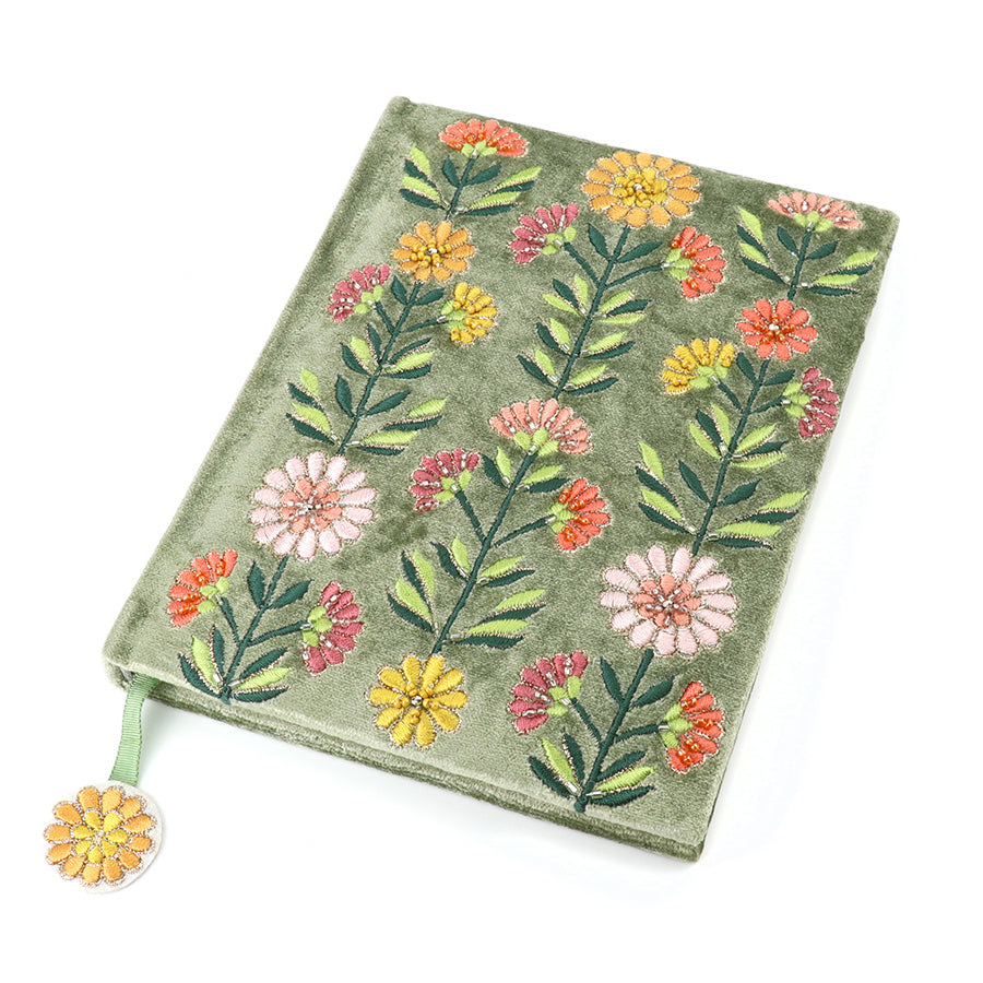 Green Velvet Dahlias Embroidered A5 Notebook