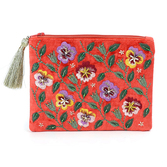 Coral Red Velvet Pansies Embroidered Zip Purse/Pouch