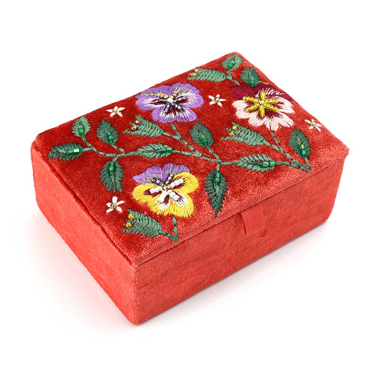 Coral Red Velvet Pansies Embroidered Small Jewellery Box