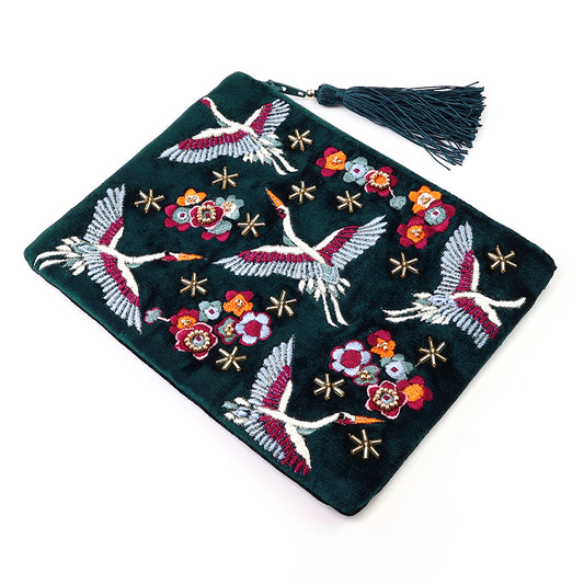 Crane Teal Velvet Embroidered Cranes and Flowers Zip Purse