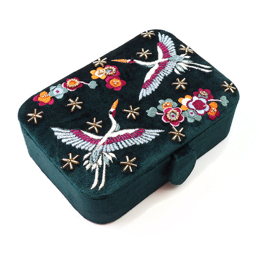 Crane Teal Velvet Embroidered Cranes and Flowers Medium Jewellery Box