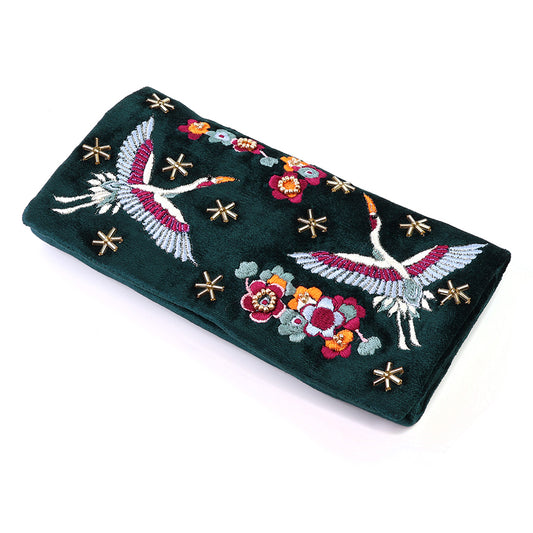 Crane Teal Velvet Embroidered Cranes and Flowers Jewellery Roll