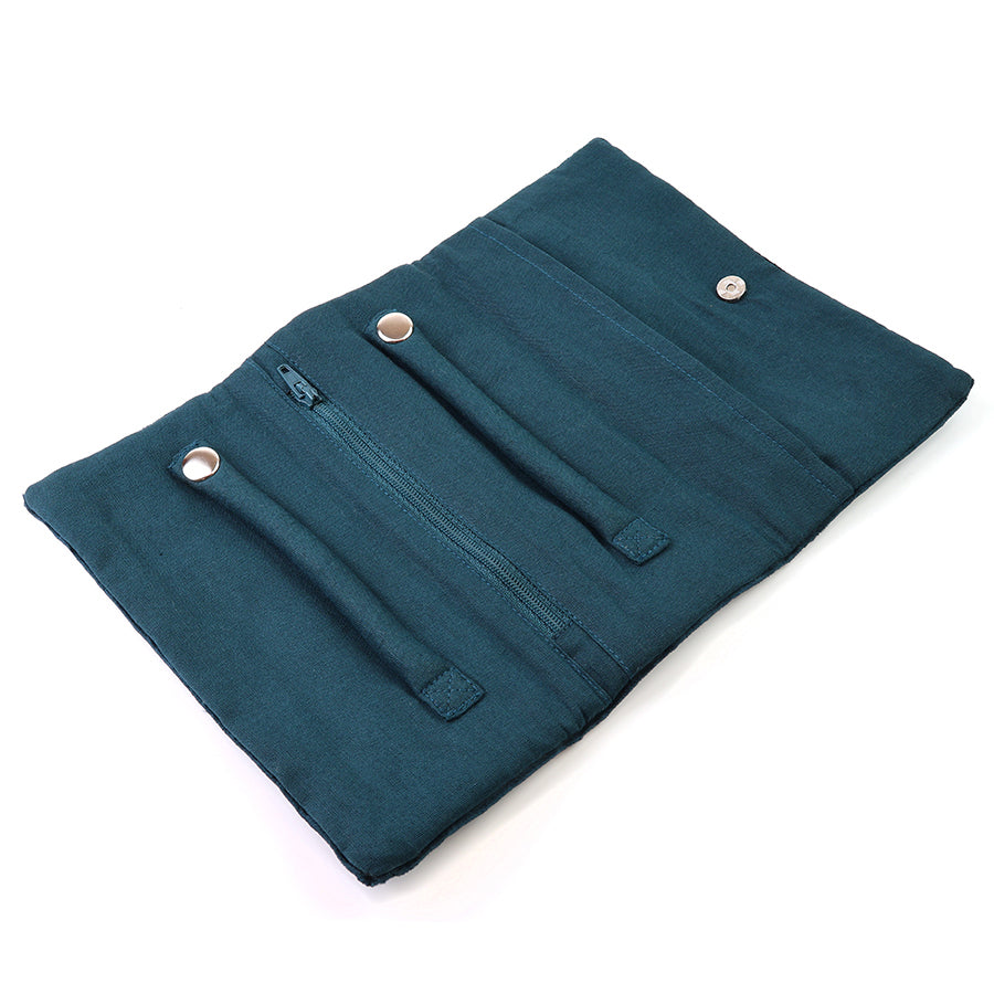 Crane Teal Velvet Embroidered Cranes and Flowers Jewellery Roll