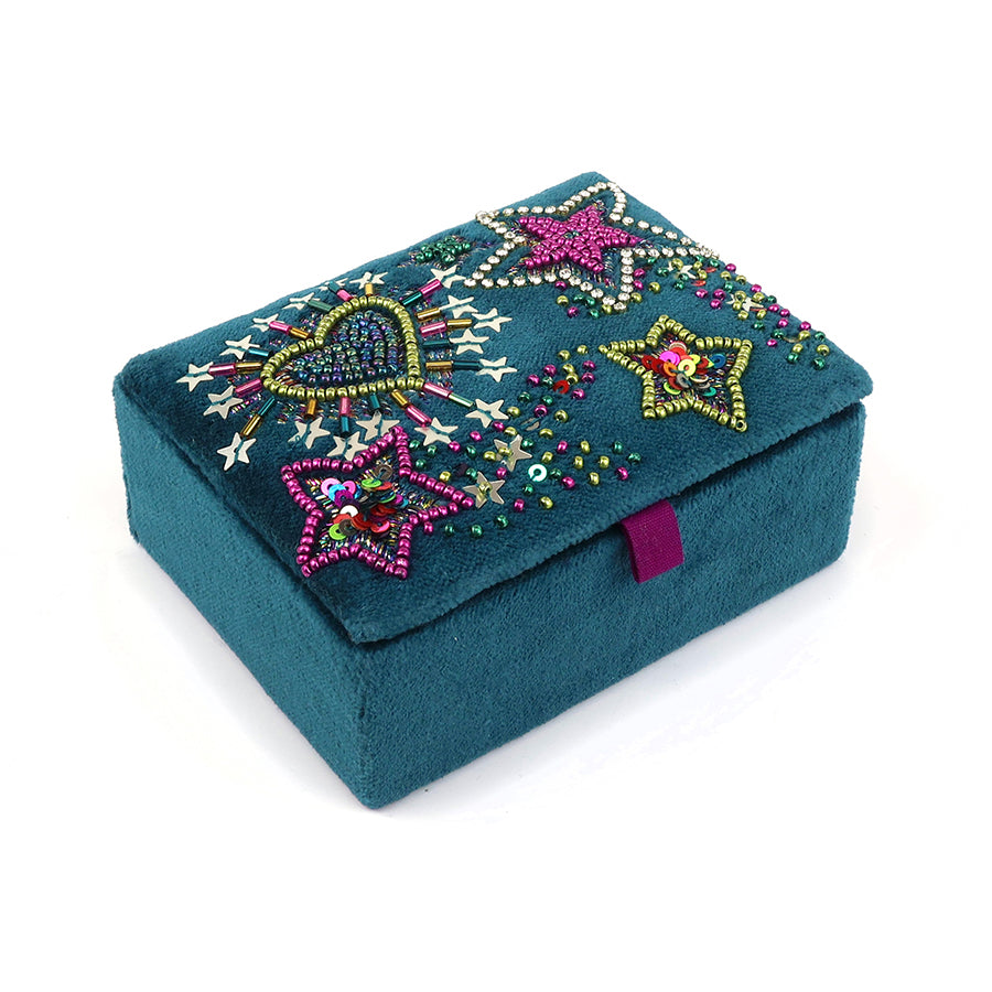 Starburst Teal Velvet Purple Mix Embellished Night Sky Small Jewellery Box
