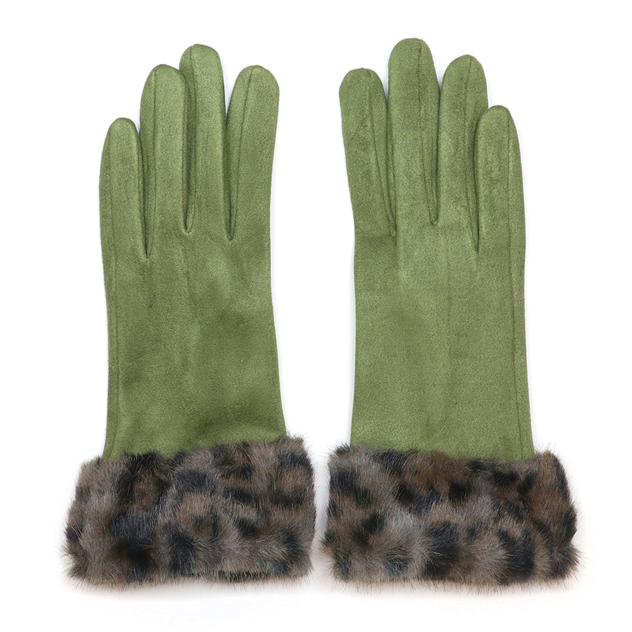 Lottie Olive Faux Suede Gloves with Leopard Cuff