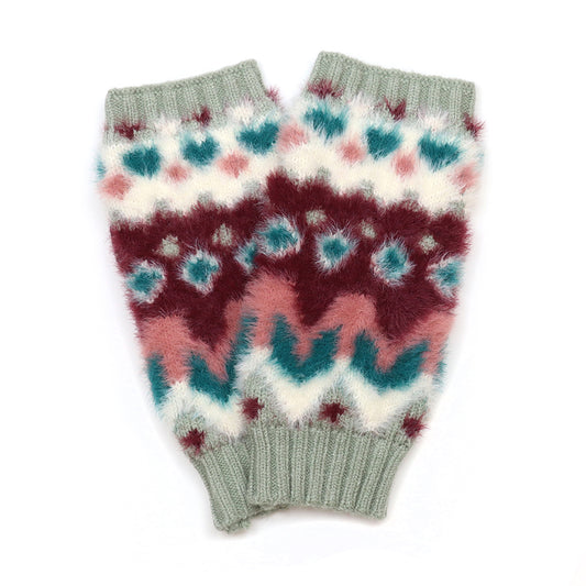 Imogen Duck Egg and Wine Mix Fluffy Zig-Zag Knit Wrist Warmers