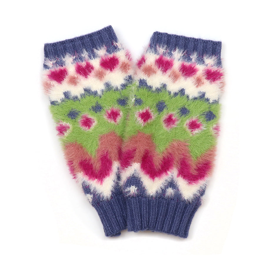 Imogen Green and Blue Mix Fluffy Zig-Zag Knit Wrist Warmers