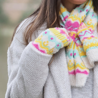 Mia Neon and Cream Mix Fluffy Zig-Zag Knit Wrist Warmers