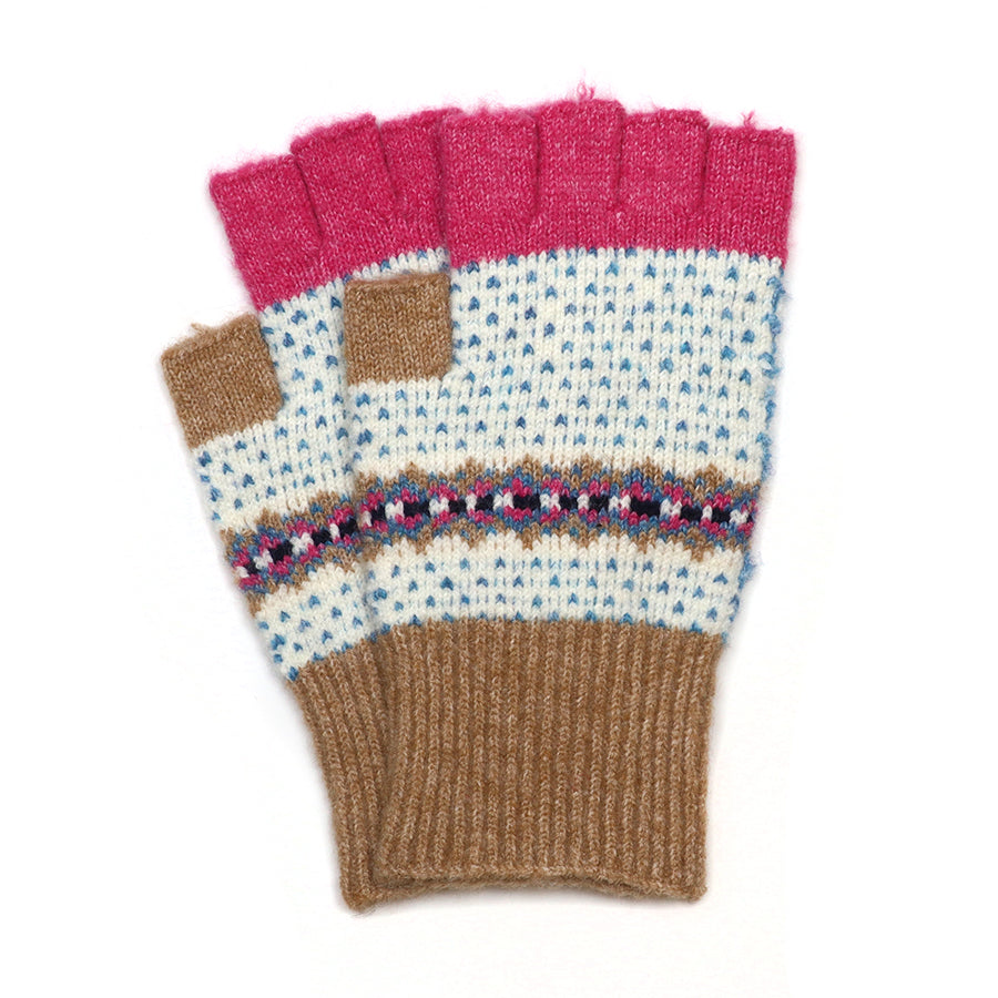 Evie Recycled Blend Camel and Blue Mix Pattern Knit Fingerless Gloves