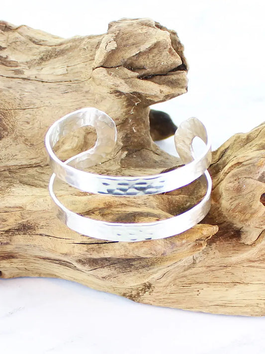 Beaten Metal Double Bar Cuff Silver