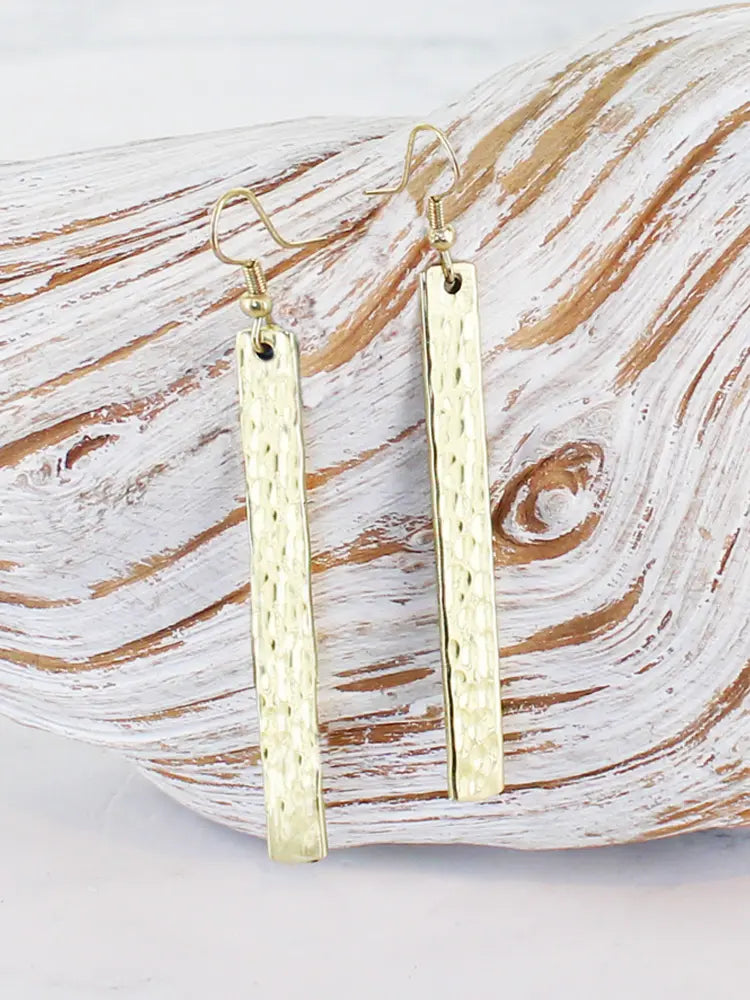 Long Rectangular Beaten Earrings Gold