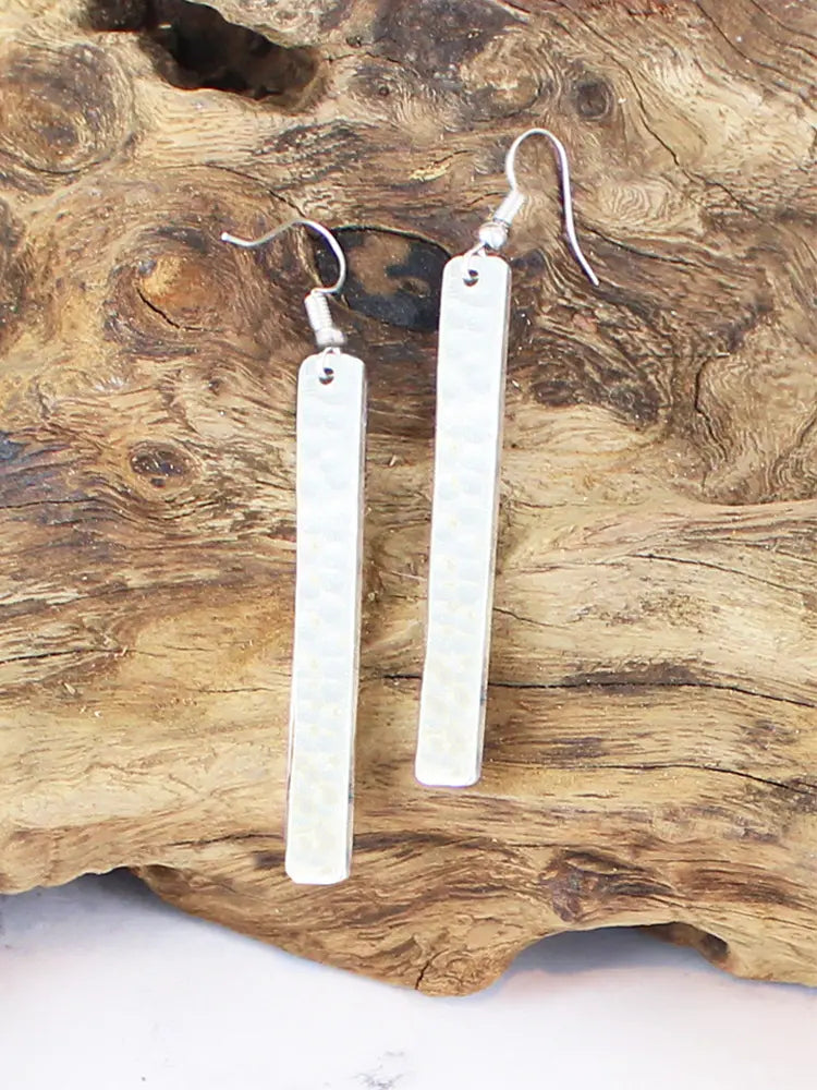 Long Rectangular Beaten Earrings Silver