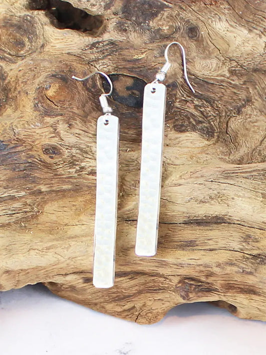 Long Rectangular Beaten Earrings Silver