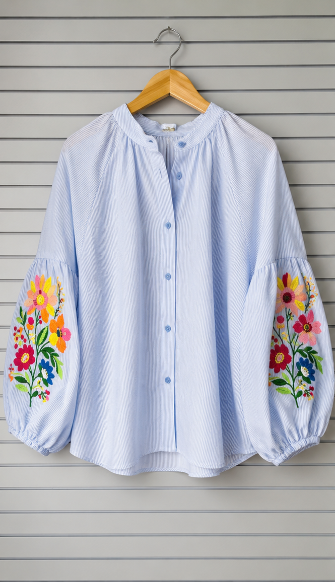 Floral Puffed Sleeves Blouse - Blue