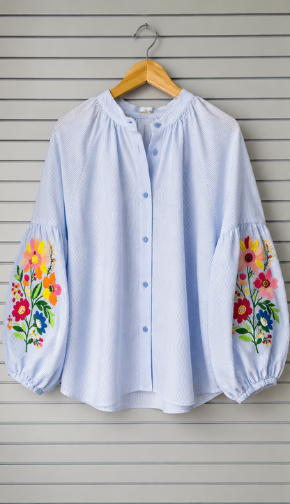 Floral Puffed Sleeves Blouse - Blue
