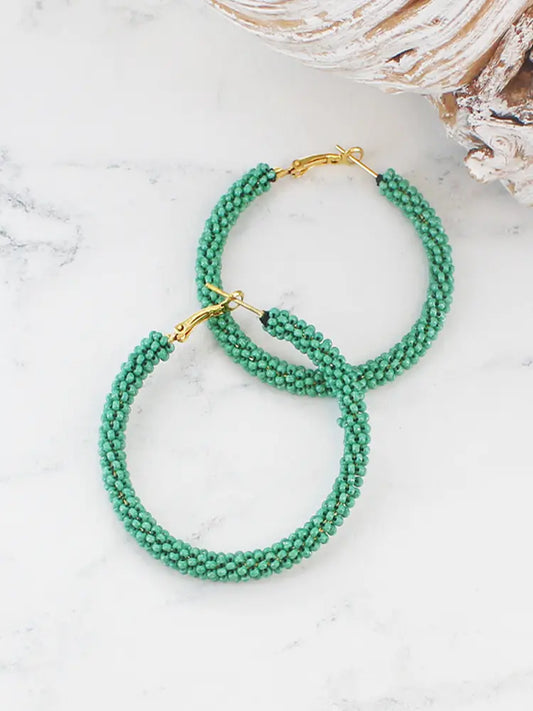 Beaded Hoop Earrings Green