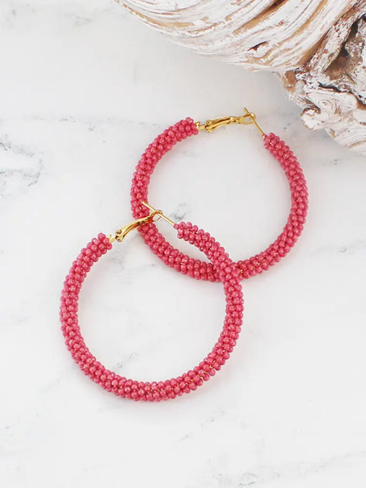 Beaded Hoop Earrings Pink