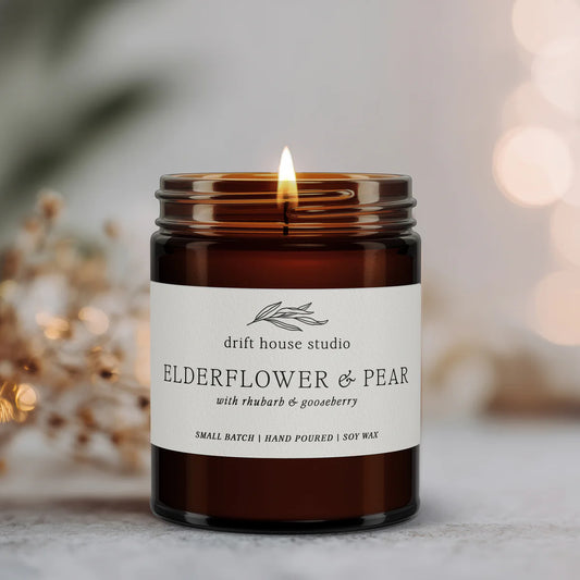 Elderflower & Pear - Scented Soy Candle in Amber Jar