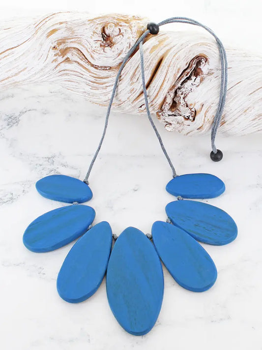 Wooden Oval Fan Necklace Blue
