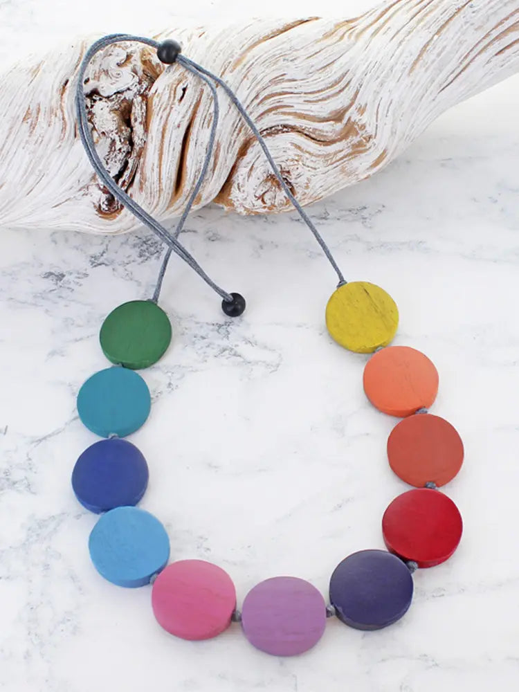 Short Wooden Rainbow Disc Necklace