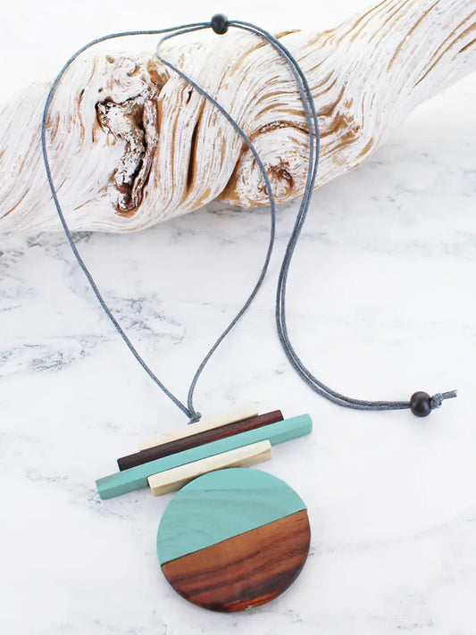 Wooden Two-Tone Pendant Necklace Mint