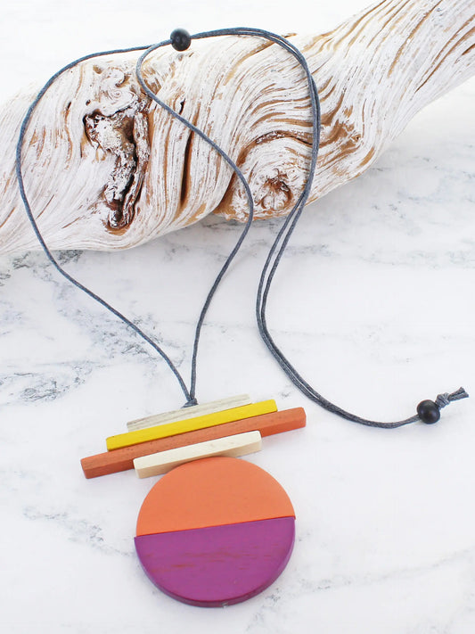 Wooden Two-Tone Pendant Necklace Purple and Orange