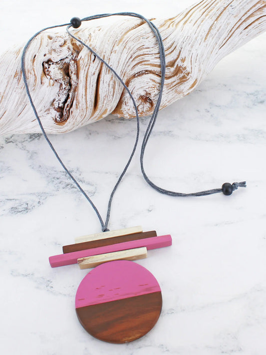 Wooden Two-Tone Pendant Necklace Pink
