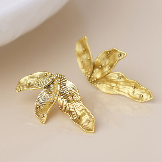Aureus Gold Plated Textured Leaf Earrings