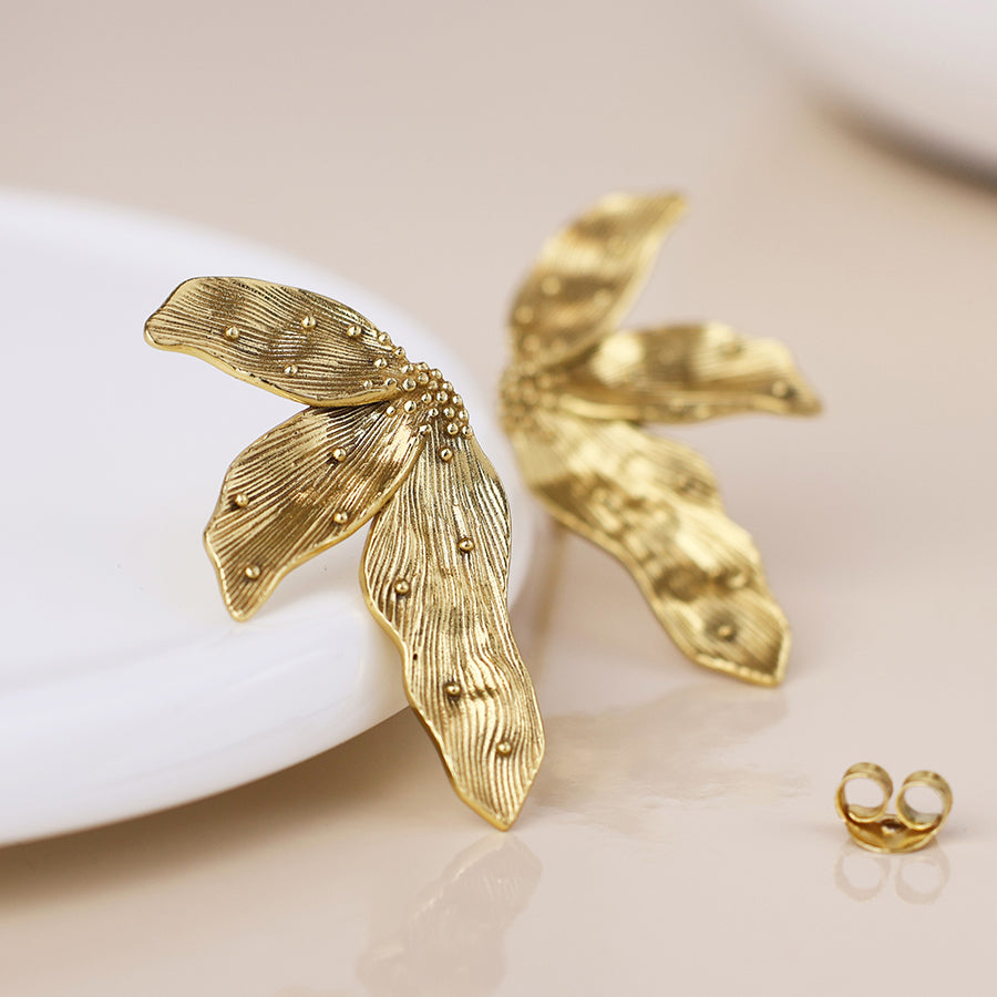 Aureus Gold Plated Textured Leaf Earrings