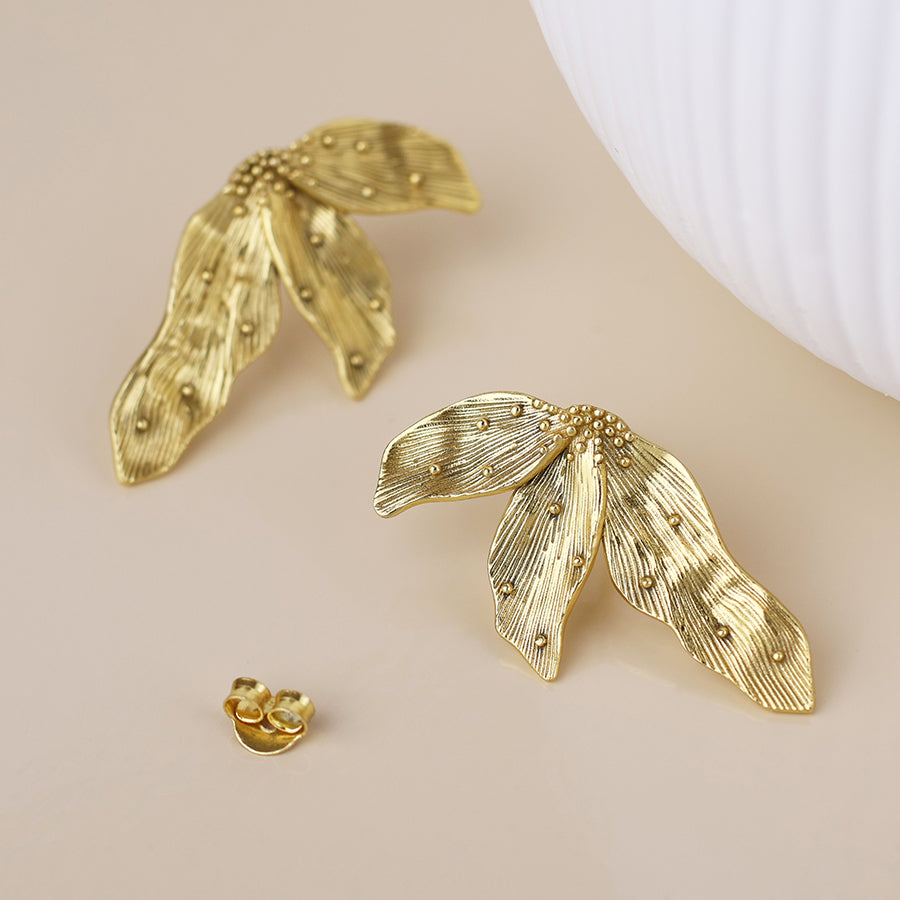Aureus Gold Plated Textured Leaf Earrings