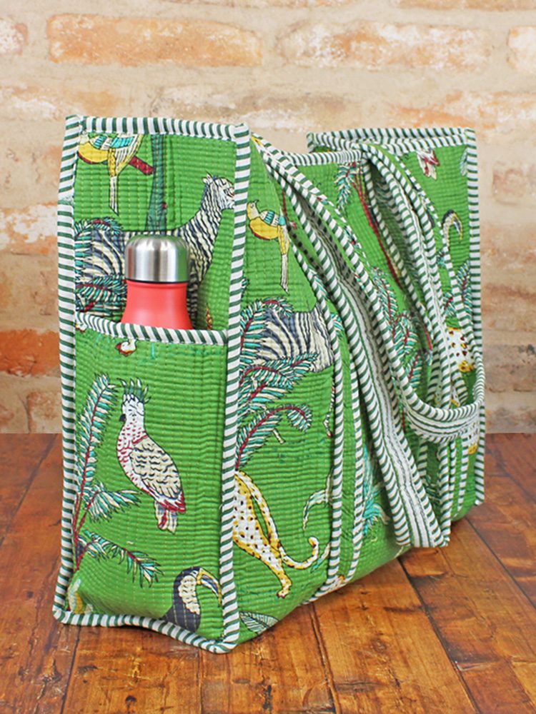 Quilted Cotton Jungle Print Tote Bag - Green