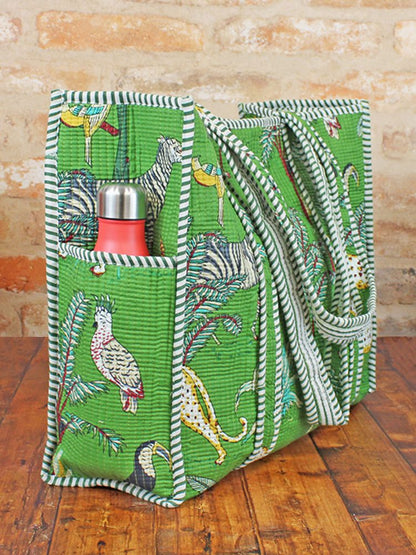 Quilted Cotton Jungle Print Tote Bag - Green