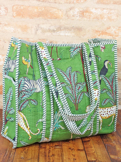 Quilted Cotton Jungle Print Tote Bag - Green