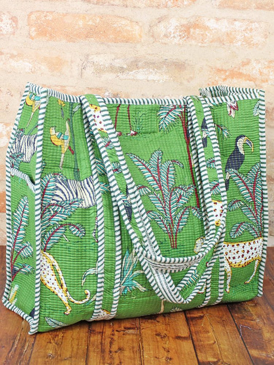 Quilted Cotton Jungle Print Tote Bag - Green
