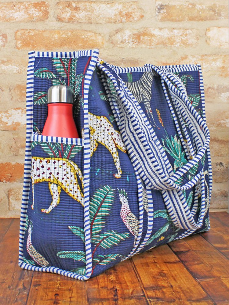 Quilted Cotton Jungle Print Tote Bag - Navy